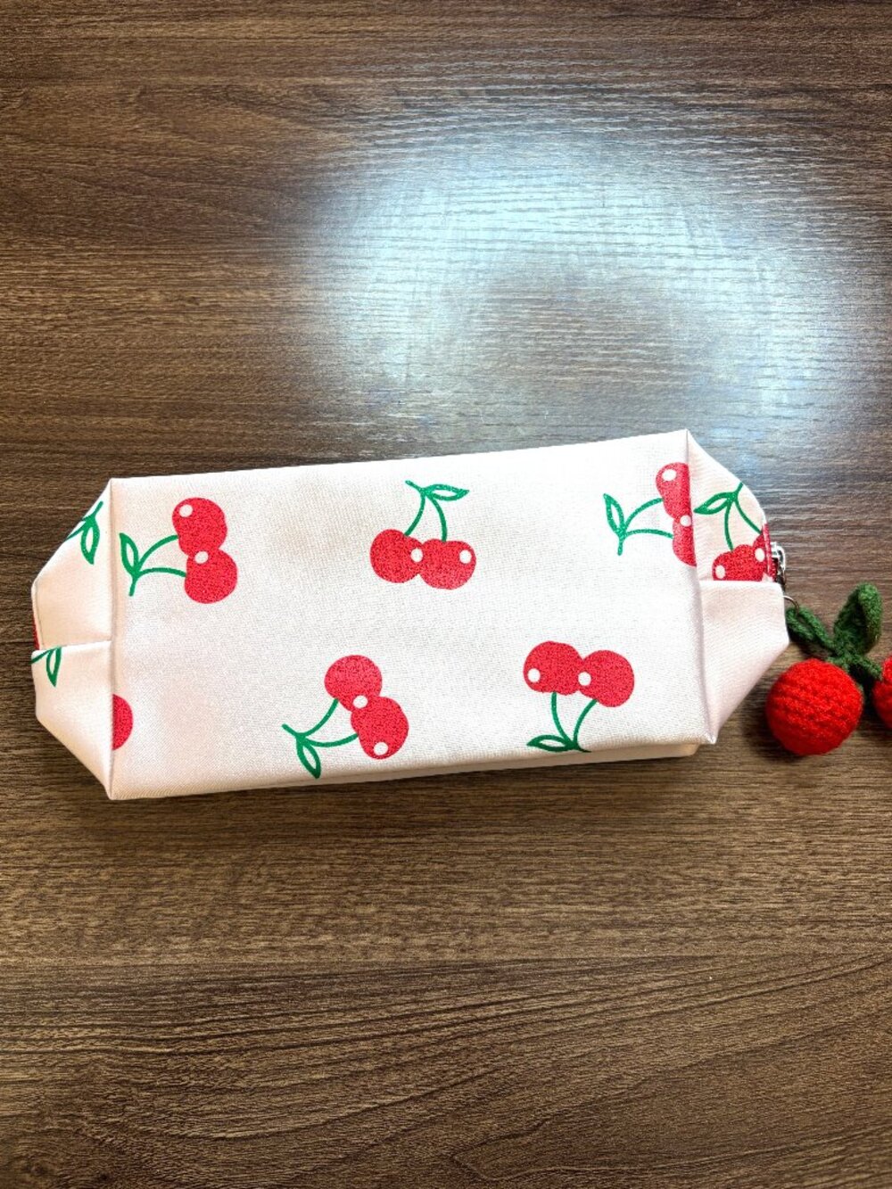 Cherry Print Makeup Pouch Zipper Bag with Crochet Cherry Charm Set - Picture 3 of 4